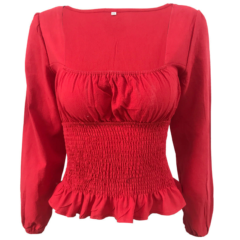 Fashion Square Neckline Long Sleeves T Shirts for Women-Shirts & Tops-Red-S-Free Shipping at meselling99