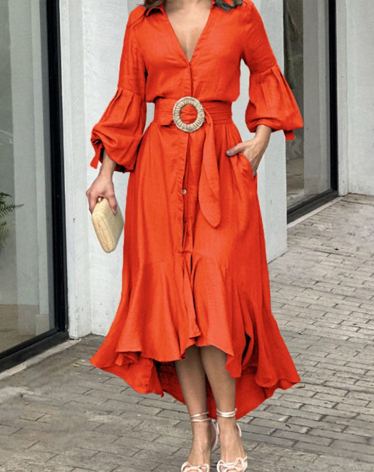 Fashion Long Sleeves Dresses with Pocket-Dresses-Orange-S-Free Shipping at meselling99
