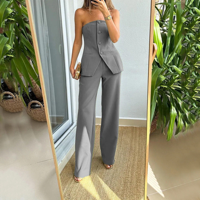 Fashion Strapless Tops and Wide Leg Pants Outfits-Suits-Gray-S-Free Shipping at meselling99