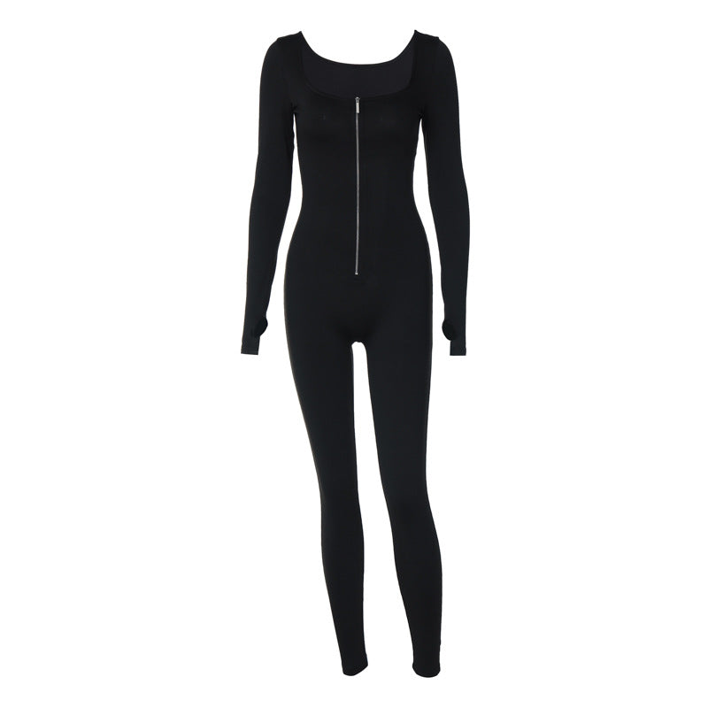 Fashion Zipper Black Sports Jumpsuits-Jumpsuits & Rompers-Black-S-Free Shipping at meselling99