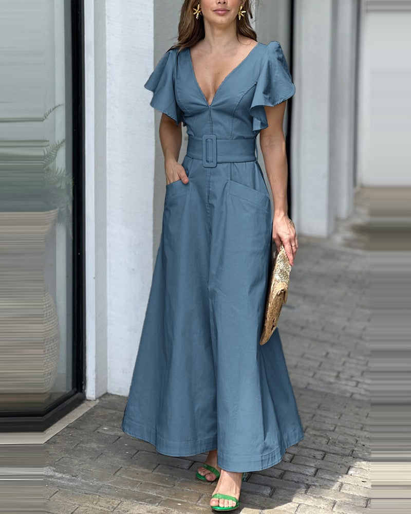 Fashion V Neck Ruffled Long Dresses-Dresses-Blue-S-Free Shipping at meselling99