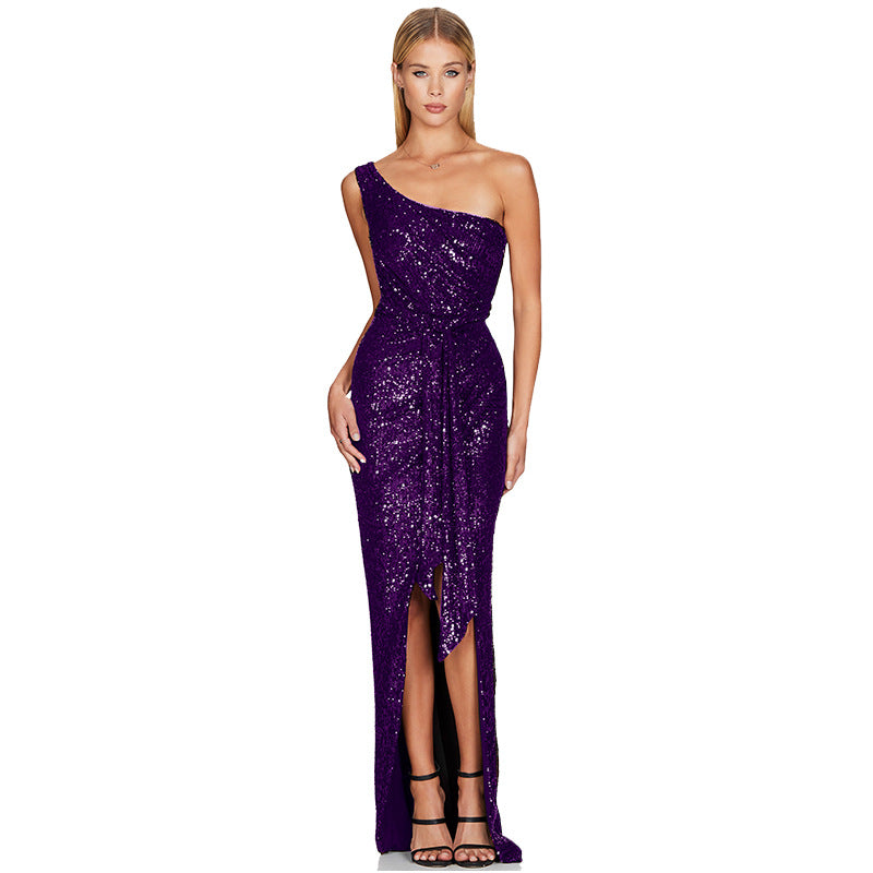 Sexy Sequined One Shoulder Party Dresses-Dresses-Purple-S-Free Shipping at meselling99