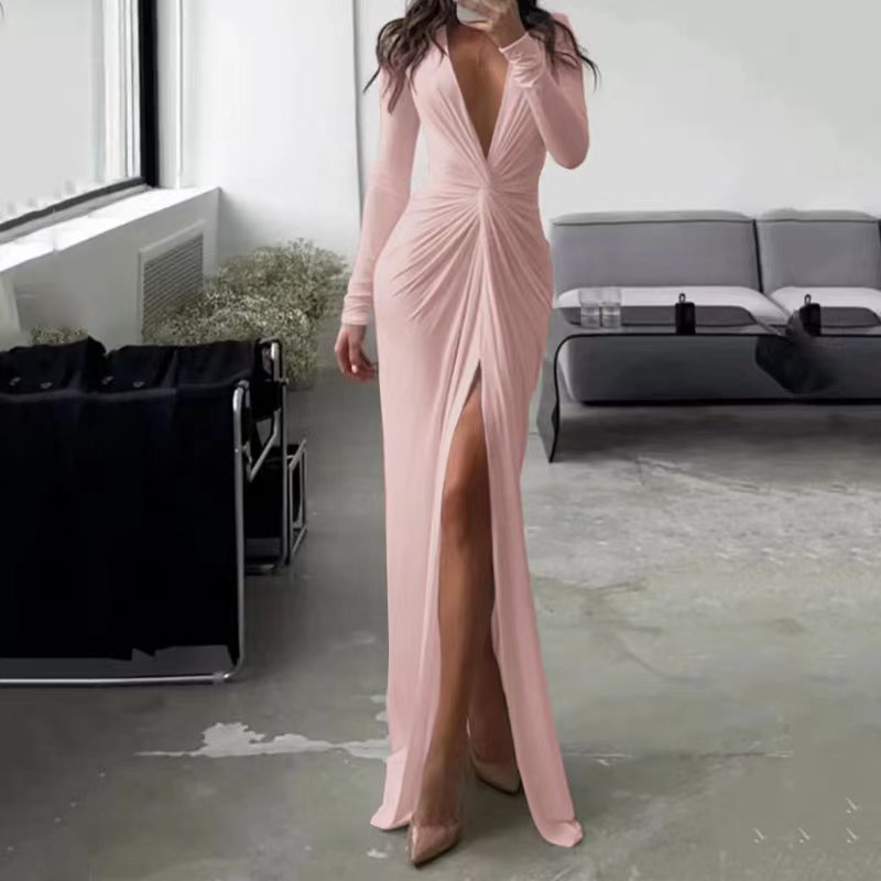 Sexy V Neck Long Sleeves Sheath Dresses-Dresses-Pink-S-Free Shipping at meselling99