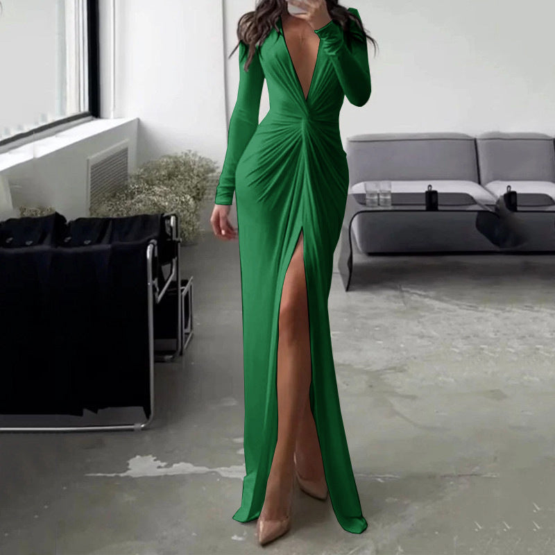 Sexy V Neck Long Sleeves Sheath Dresses-Dresses-Green-S-Free Shipping at meselling99