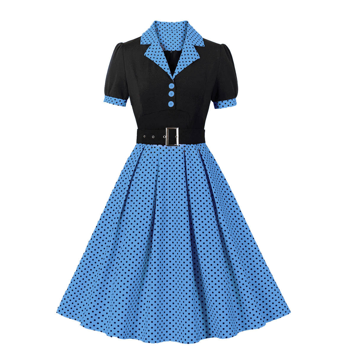 Vintage Polk Dot Short Sleeves Dresses-Dresses-Blue-S-Free Shipping at meselling99