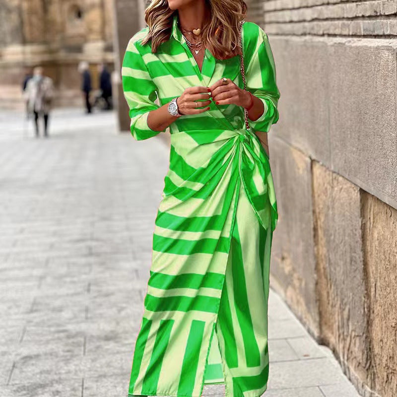 Fashion Striped Long Sleeves Shirt Dresses-Dresses-Green-S-Free Shipping at meselling99