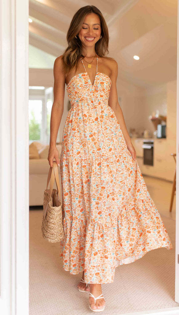 Sexy V Neck Strapless Summer Vacation Dresses-Dresses-Orange-S-Free Shipping at meselling99