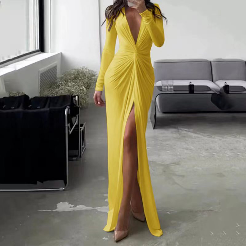 Sexy V Neck Long Sleeves Sheath Dresses-Dresses-Yellow-S-Free Shipping at meselling99