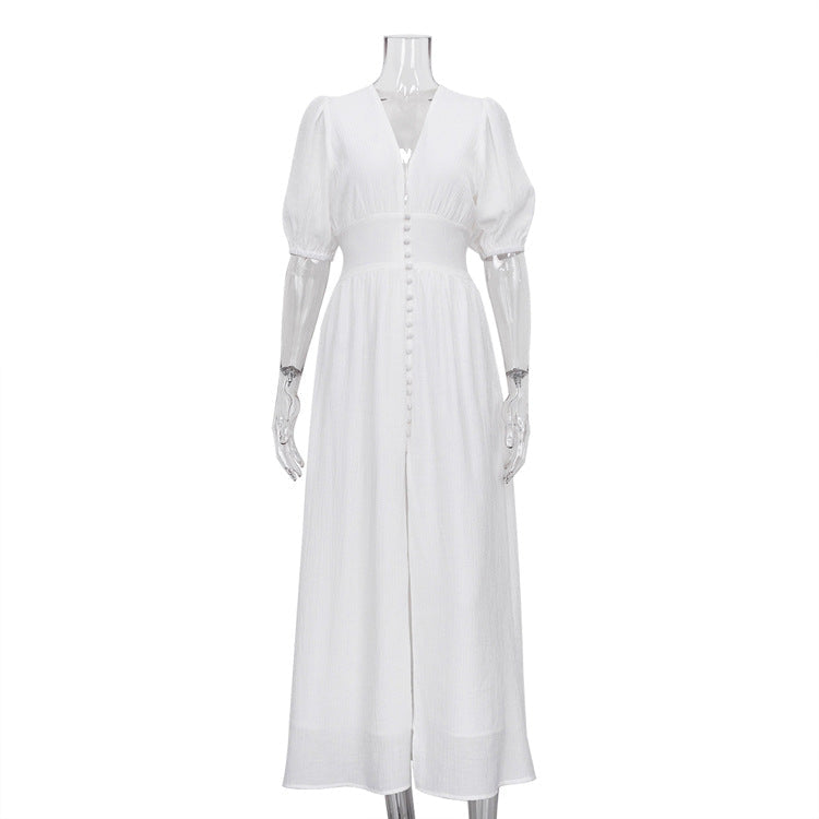 Elegant V Neck Designed Split Front Long Dresses-Dresses-White-S-Free Shipping at meselling99