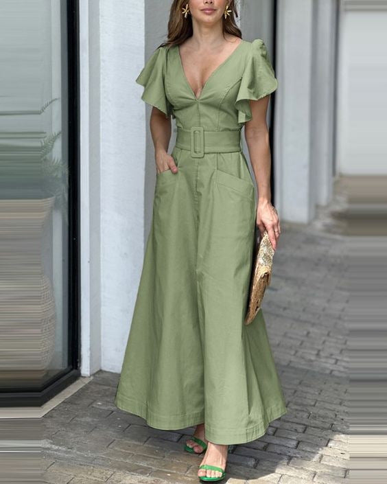 Fashion V Neck Ruffled Long Dresses-Dresses-Green-S-Free Shipping at meselling99