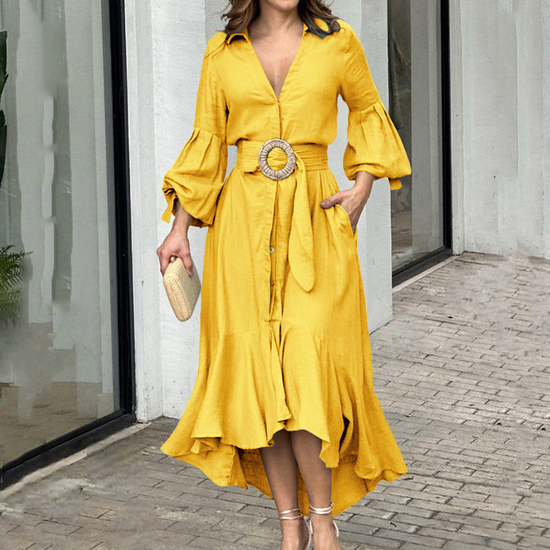 Fashion Long Sleeves Dresses with Pocket-Dresses-Yellow-S-Free Shipping at meselling99