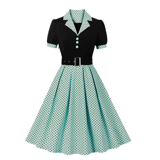 Vintage Polk Dot Short Sleeves Dresses-Dresses-Green-S-Free Shipping at meselling99