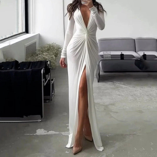 Sexy V Neck Long Sleeves Sheath Dresses-Dresses-White-S-Free Shipping at meselling99