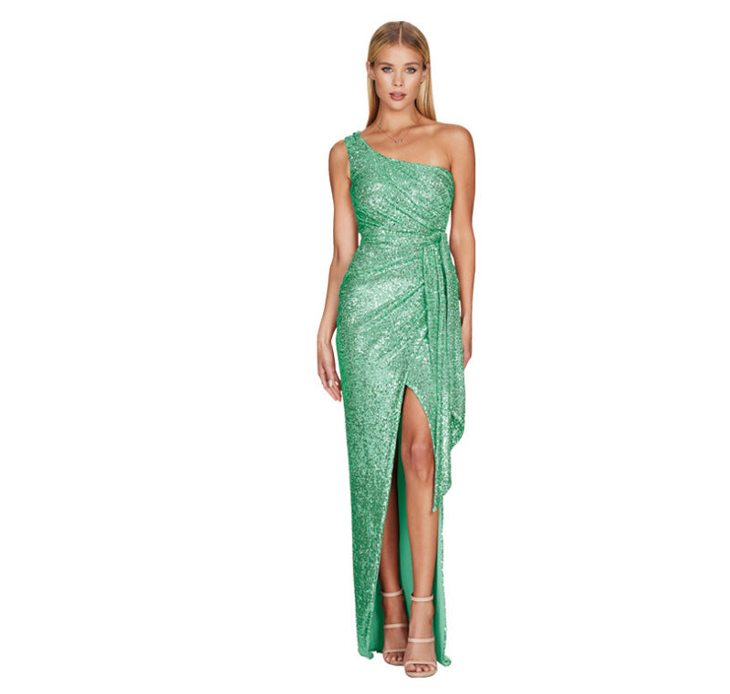 Sexy Sequined One Shoulder Party Dresses-Dresses-Light Green-S-Free Shipping at meselling99