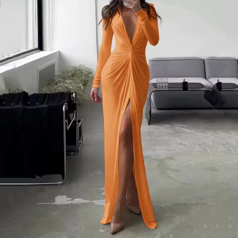 Sexy V Neck Long Sleeves Sheath Dresses-Dresses-Oange-S-Free Shipping at meselling99