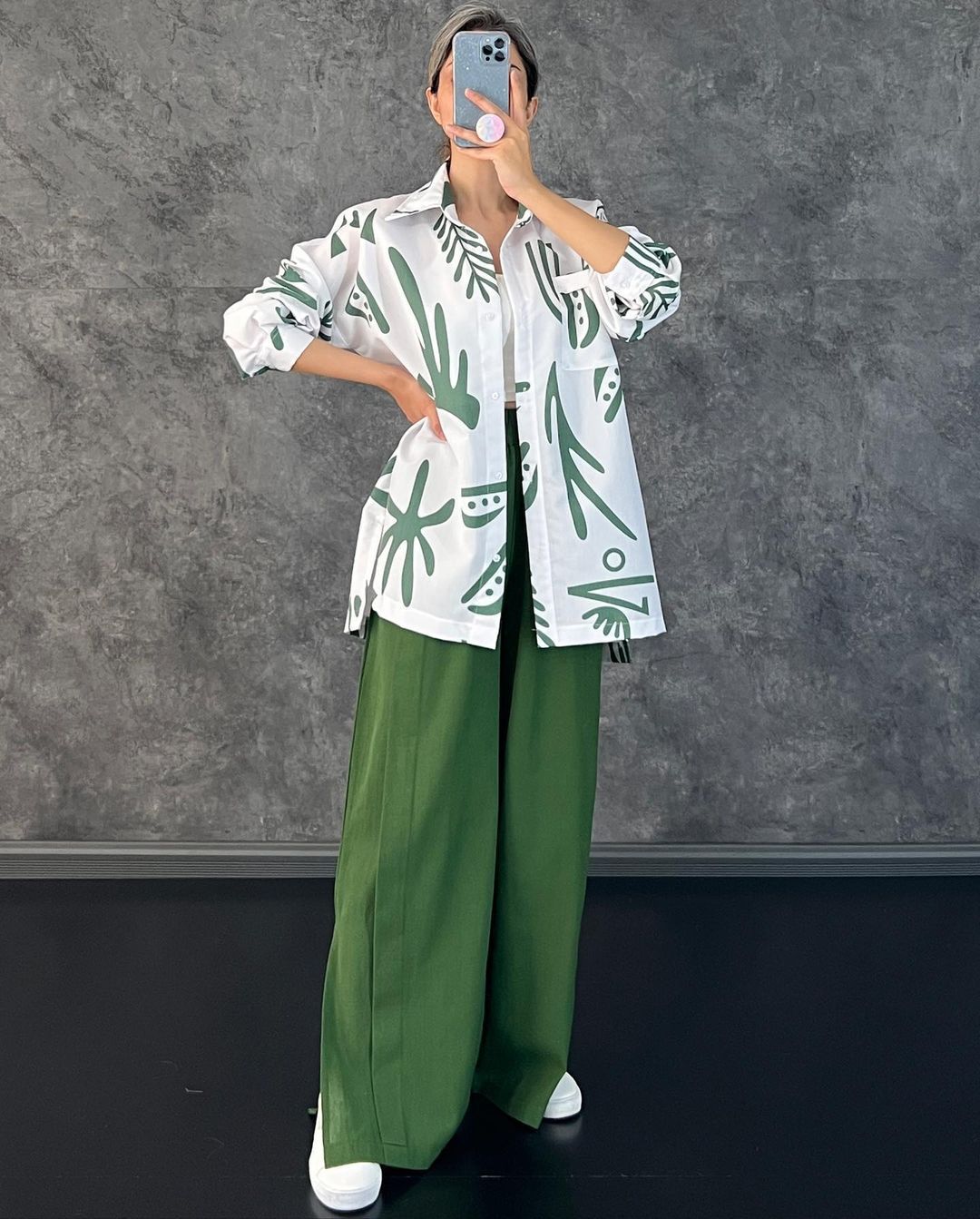 Casual Floral Print Long Sleeves Shirts & High Waist Pants-Suits-Green-M-Free Shipping at meselling99