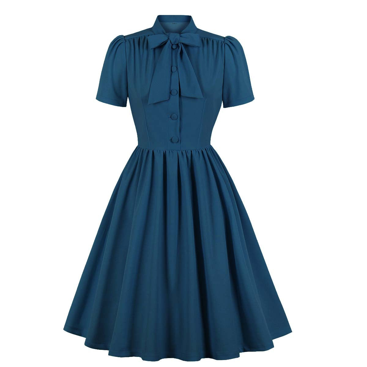 Classy Vintage A Line Women Dresses with Neck Bow-Dresses-Blue-S-Free Shipping at meselling99