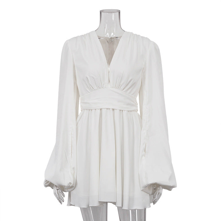 Sexy High Waist Deep V Neck Short Mini Dresses-Dresses-White-S-Free Shipping at meselling99
