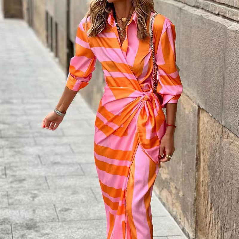 Fashion Striped Long Sleeves Shirt Dresses-Dresses-Orange-S-Free Shipping at meselling99