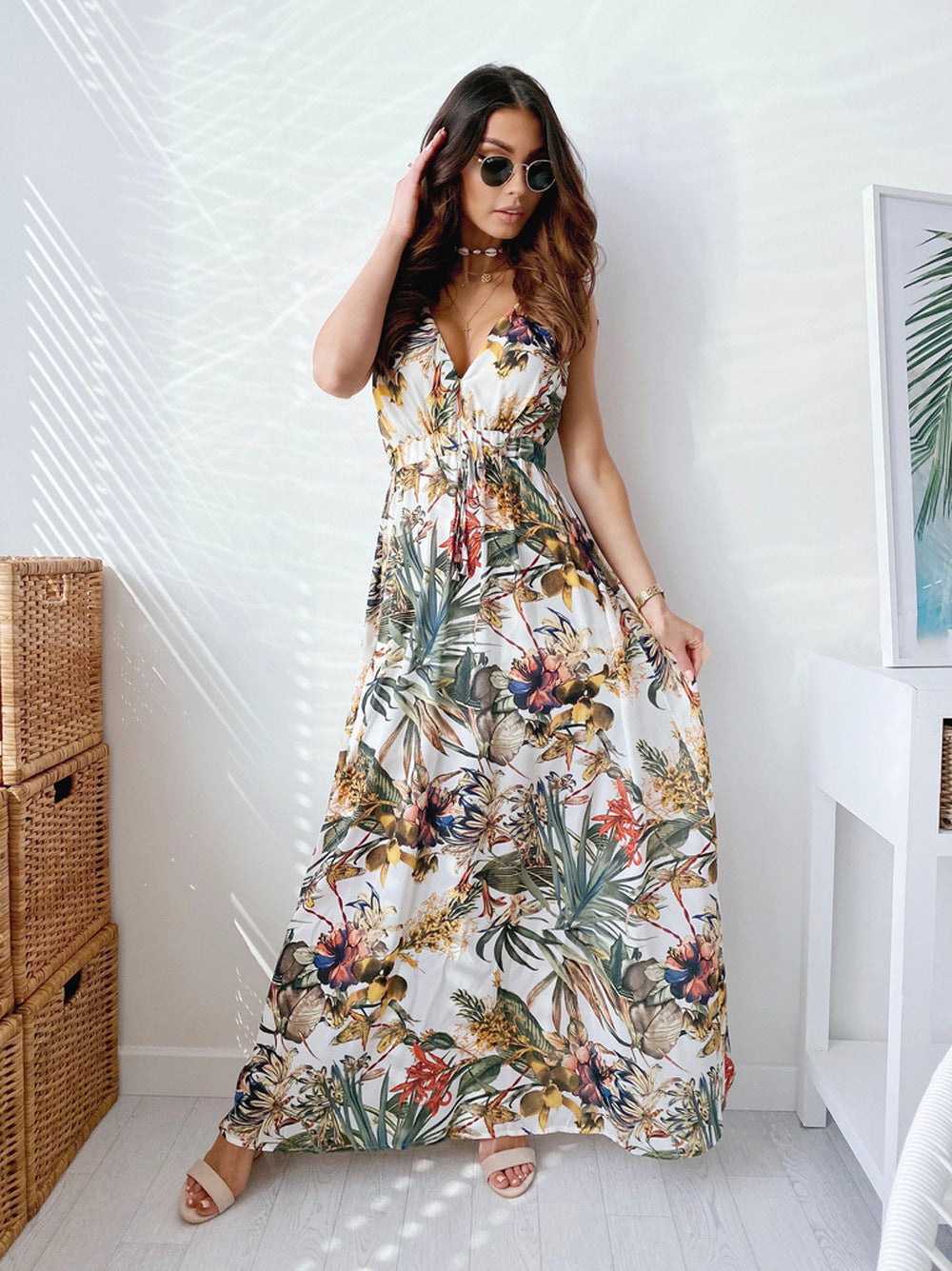 Casual Summer Floral Print Backless Vacation Dresses-Dresses-Free Shipping at meselling99