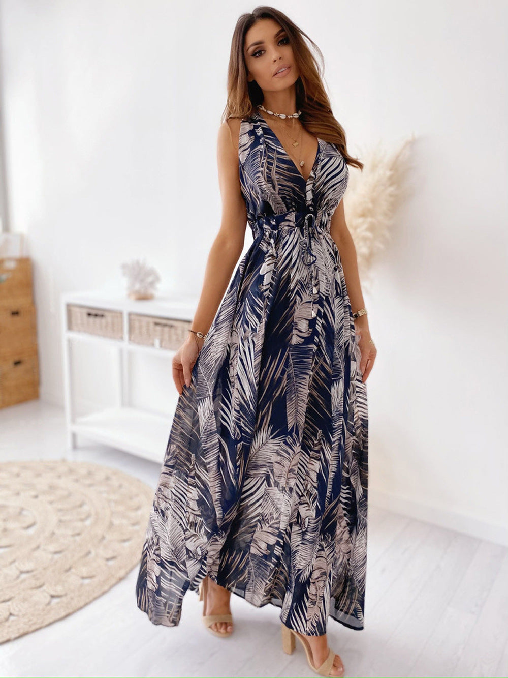 Casual Summer Floral Print Backless Vacation Dresses-Dresses-Blue-S-Free Shipping at meselling99