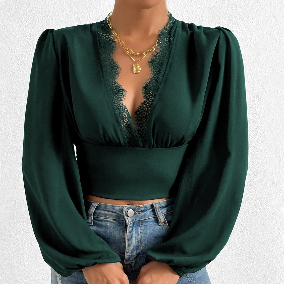 Sexy Long Sleeves Lace Tops for Women-Shirts & Tops-Green-S-Free Shipping at meselling99