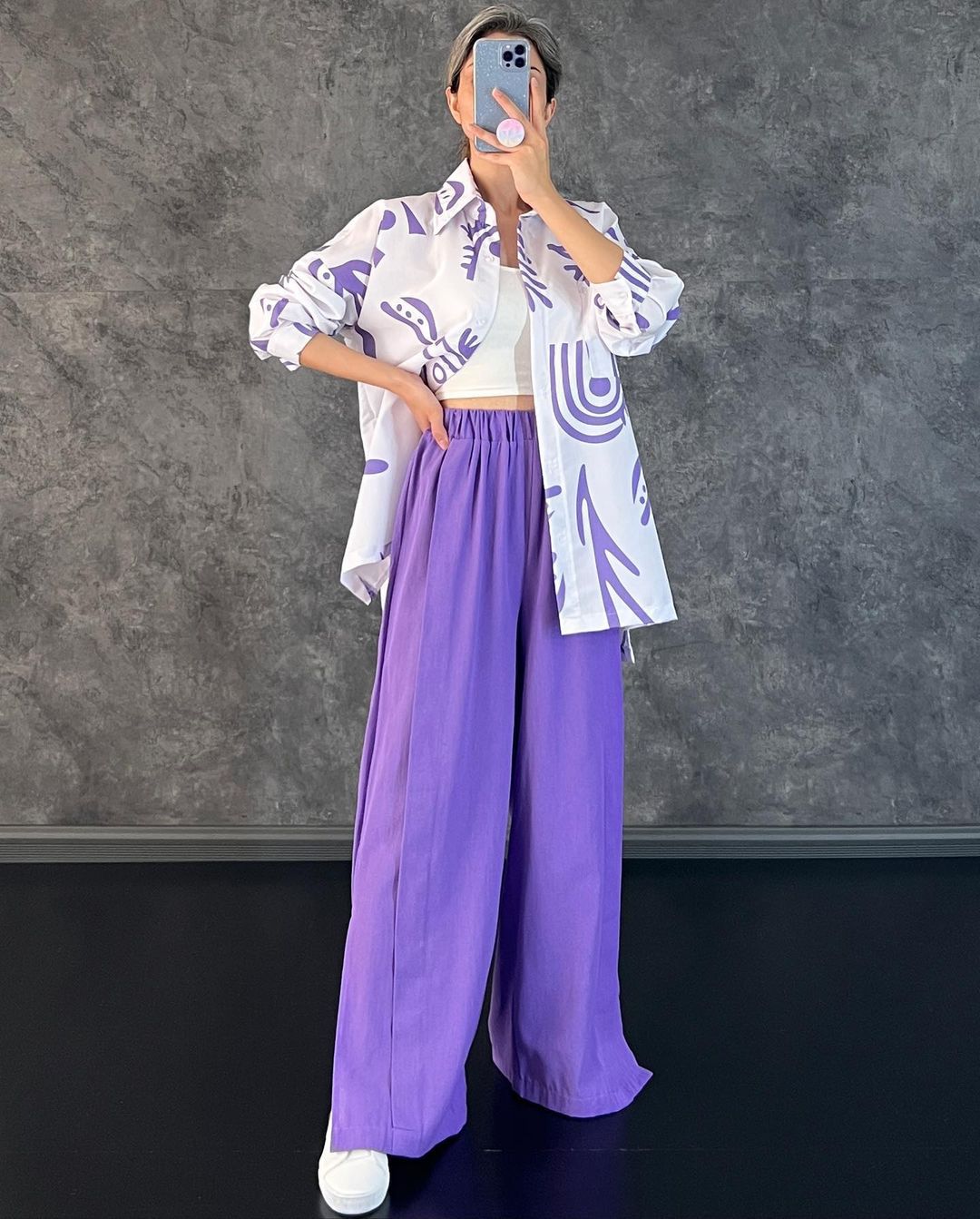 Casual Floral Print Long Sleeves Shirts & High Waist Pants-Suits-Purple-M-Free Shipping at meselling99