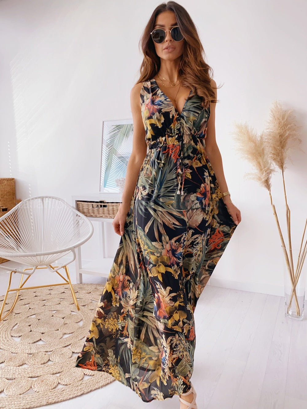 Casual Summer Floral Print Backless Vacation Dresses-Dresses-Black-S-Free Shipping at meselling99