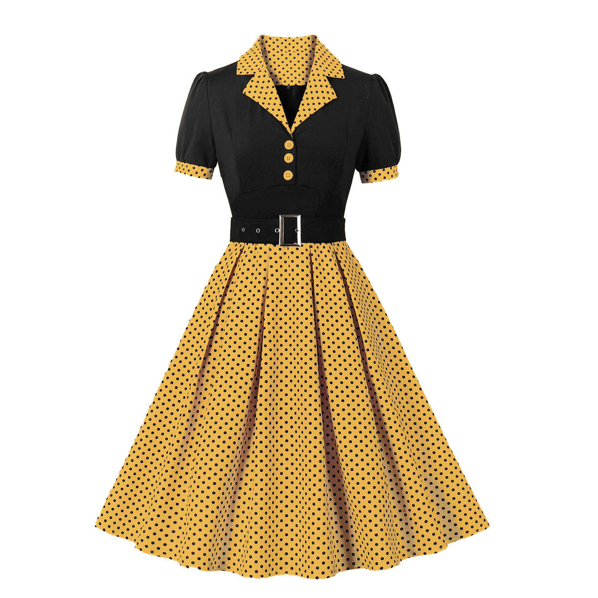 Vintage Polk Dot Short Sleeves Dresses-Dresses-Yellow-S-Free Shipping at meselling99