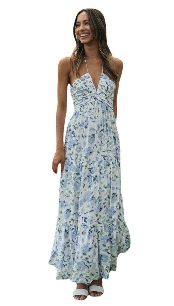 Sexy V Neck Strapless Summer Vacation Dresses-Dresses-Blue floral-S-Free Shipping at meselling99