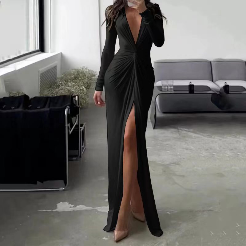 Sexy V Neck Long Sleeves Sheath Dresses-Dresses-Black-S-Free Shipping at meselling99