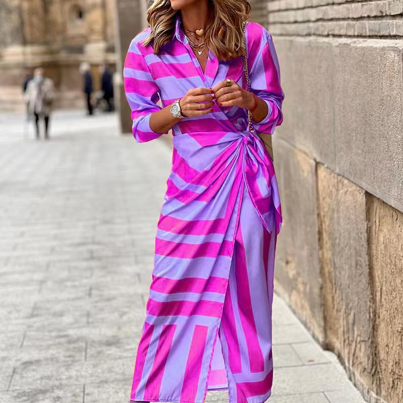 Fashion Striped Long Sleeves Shirt Dresses-Dresses-Purple-S-Free Shipping at meselling99