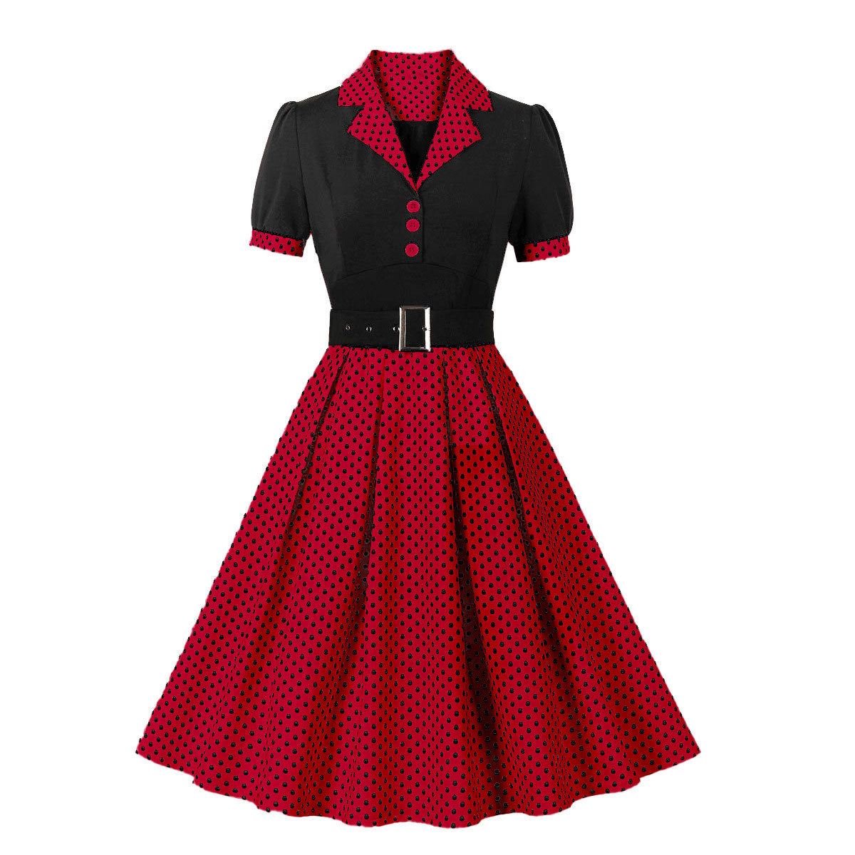 Vintage Polk Dot Short Sleeves Dresses-Dresses-Red-S-Free Shipping at meselling99