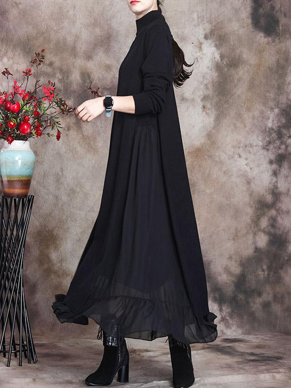 Simple Split-Joint High-Neck Falbala Dress-Maxi Dress-BLACK-FREE SIZE-Free Shipping at meselling99