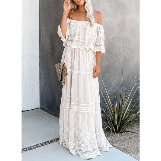 Gray Flower Child Off The Shoulder Lace Maxi Dress-Maxi Dresses-White-(US 4-6)S-Free Shipping at meselling99