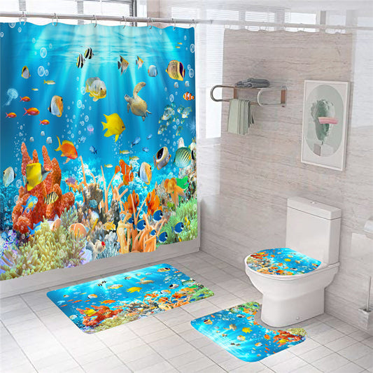 Underwater World Shower Curtain Bathroom Rug Set Bath Mat Non-Slip Toilet Lid Cover-Shower Curtain-Shower Curtain+3Pcs Mat-Free Shipping at meselling99