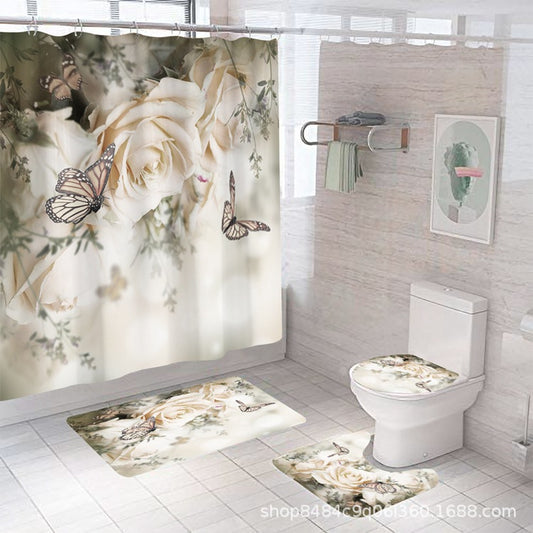 Foral&Butterfly Shower Curtain Bathroom Rug Set Bath Mat Non-Slip Toilet Lid Cover-Shower Curtain-Shower Curtain+3Pcs Mat-Free Shipping at meselling99