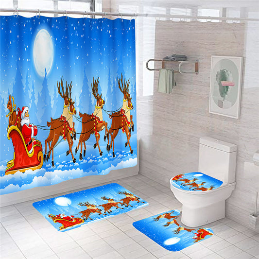Christmas Pattern Shower Curtain Bathroom Rug Set Bath Mat Non-Slip Toilet Lid Cover-Shower Curtain-Shower Curtain+3Pcs Mat-Free Shipping at meselling99