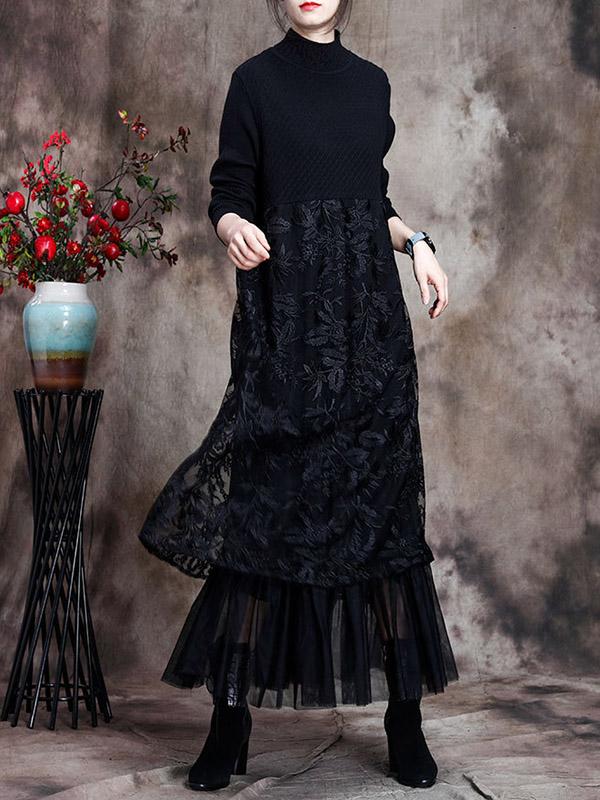 Original Lace Split-Joint Knitting Dress-Midi Dress-BLACK-FREE SIZE-Free Shipping at meselling99