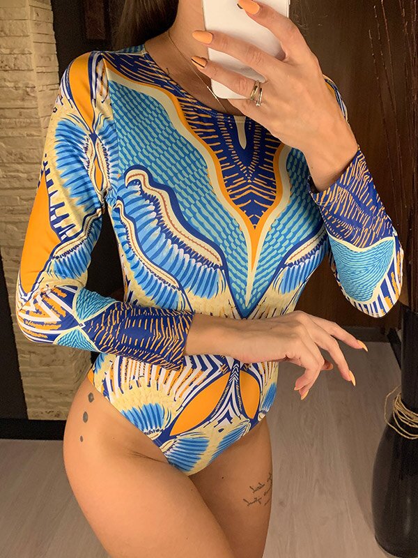 2021 Abstract Printed Round-Neck Long Sleeve One-Piece Swimwear-Bikinis-Free Shipping at meselling99