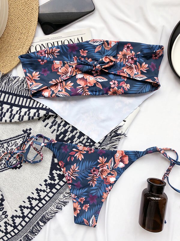 2021 New Style Floral Bandage Bandeau Tie Side Split Bikini Swimwear-Bikinis-Free Shipping at meselling99