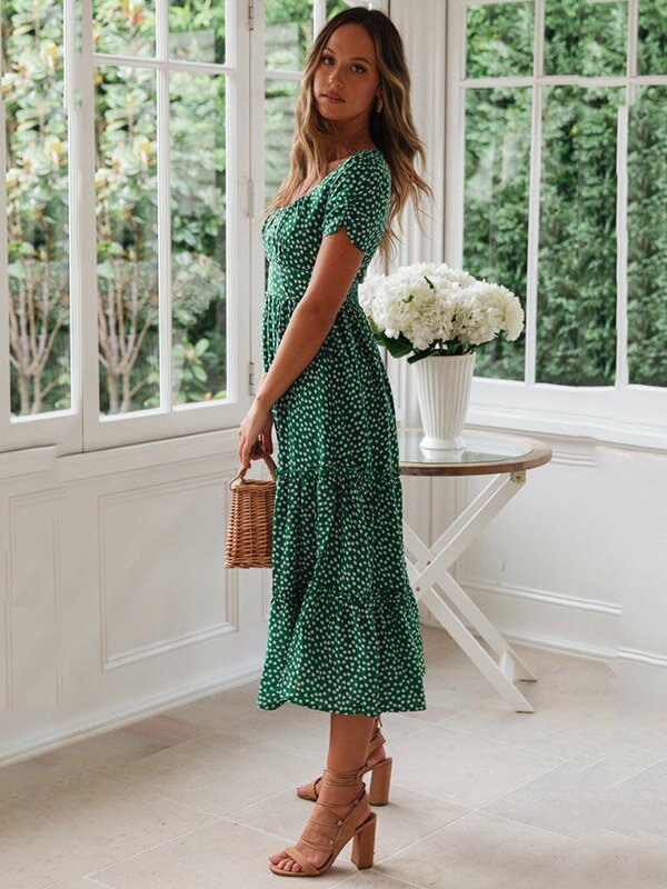 Casual Floral Printed Split-joint Midi Dress/Day Dress-Sweaters-Green-S-Free Shipping at meselling99