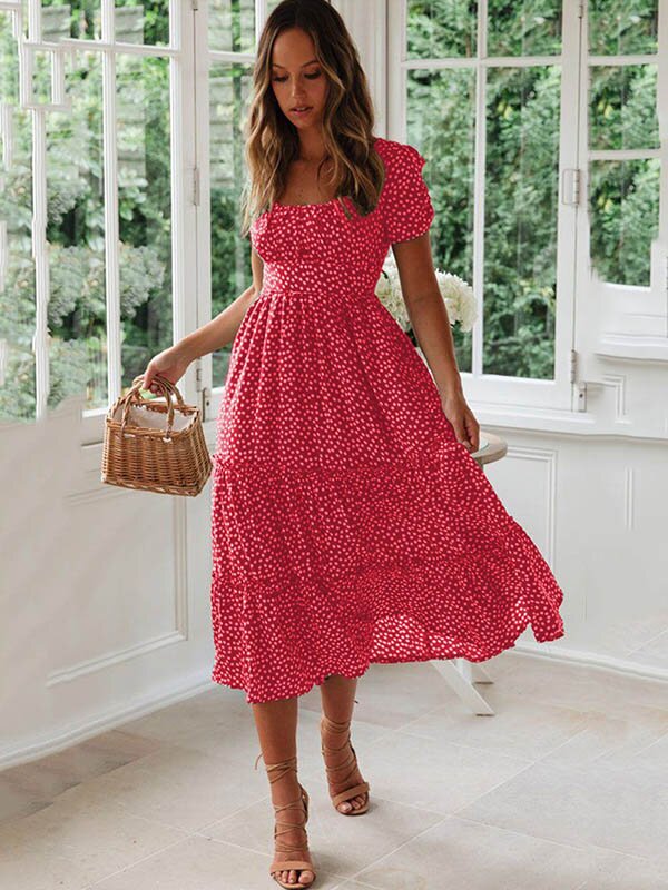 Casual Floral Printed Split-joint Midi Dress/Day Dress-Sweaters-Red-S-Free Shipping at meselling99