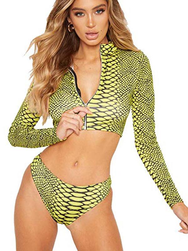 Meselling99 Sexy U Collar Zipper Snake Pattern Long Sleeves Bikini Swimsuit-Tankinis Swimwear-SAME AS PICTURE-S-Free Shipping at meselling99
