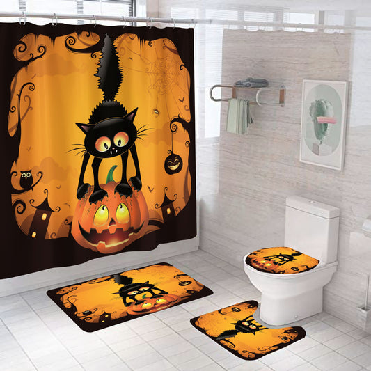 Pumpkin Halloween Shower Curtain Bathroom Rug Set Bath Mat Non-Slip Toilet Lid Cover-Shower Curtain-Free Shipping at meselling99
