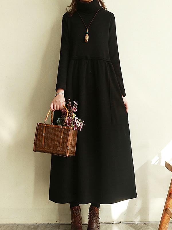 Meselling99 Vintage Solid Color Split-Joint Loose High-Neck Midi Dress-Midi Dress-Free Shipping at meselling99