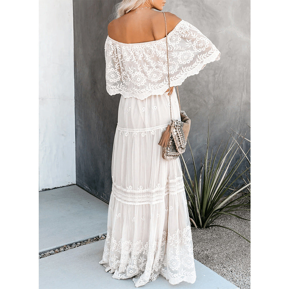 Gray Flower Child Off The Shoulder Lace Maxi Dress-Maxi Dresses-Free Shipping at meselling99