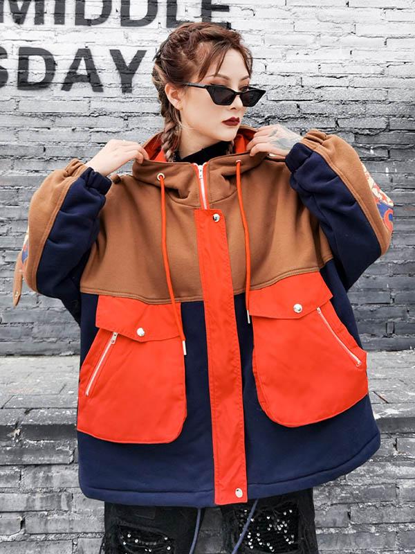 Contrast Color Split-Joint Printed Drawstring Jacket Outerwear-Outwears-Free Shipping at meselling99
