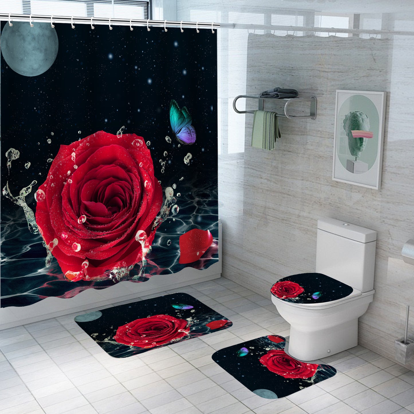 Red Rose&Butterfly Shower Curtain Sets Rug & Mat Non-Slip Toilet Lid Cover-Shower Curtains-B-Shower Curtain+3Pcs Mat-Free Shipping at meselling99