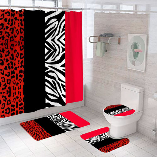 Leopard&Striped Design Shower Curtain Sets Rug & Mat Non-Slip Toilet Lid Cover-Shower Curtains-A-Shower Curtain+3Pcs Mat-Free Shipping at meselling99